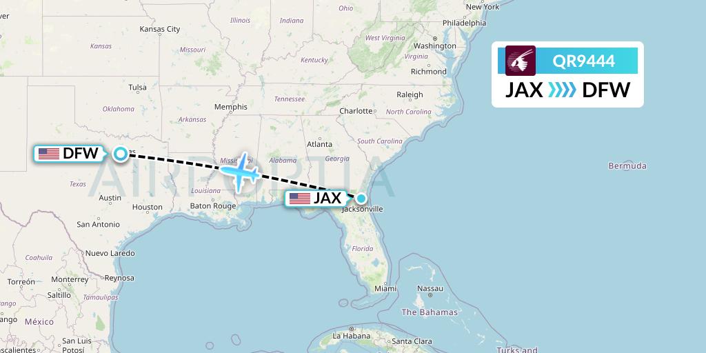 QR9444 Qatar Airways Flight Map: Jacksonville to Dallas