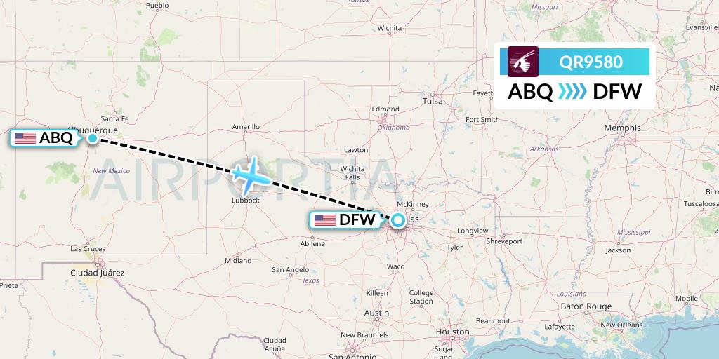 QR9580 Qatar Airways Flight Map: Albuquerque to Dallas