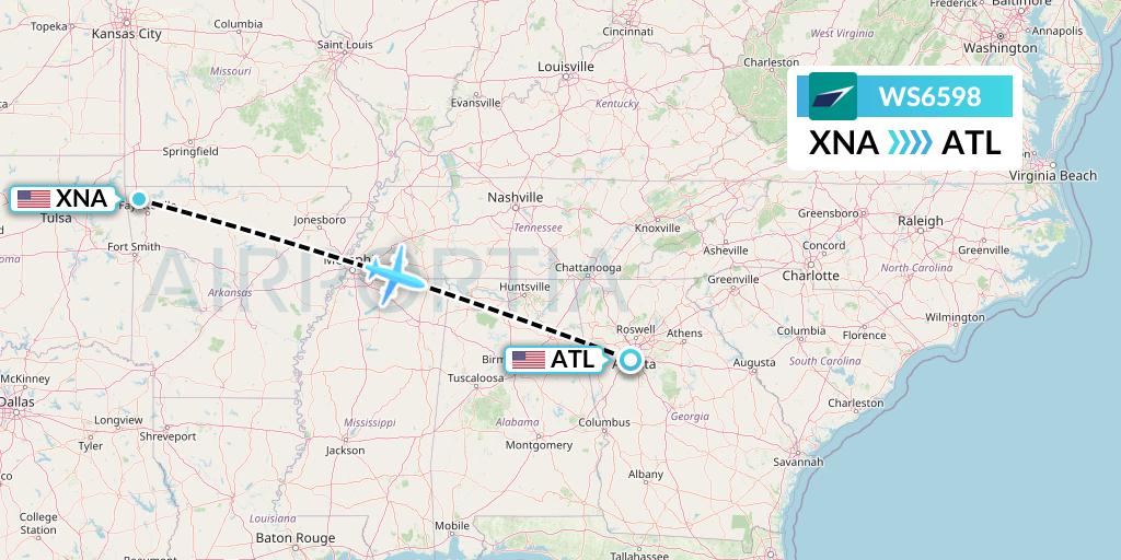 WS6598 WestJet Flight Map: Bentonville to Atlanta