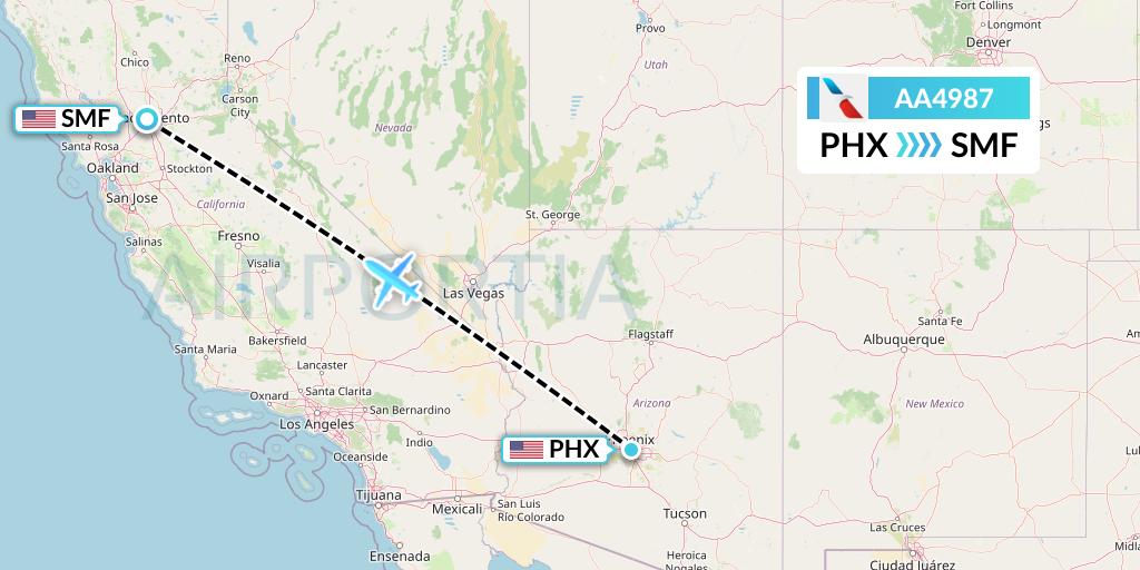 AA4987 American Airlines Flight Map: Phoenix to Sacramento