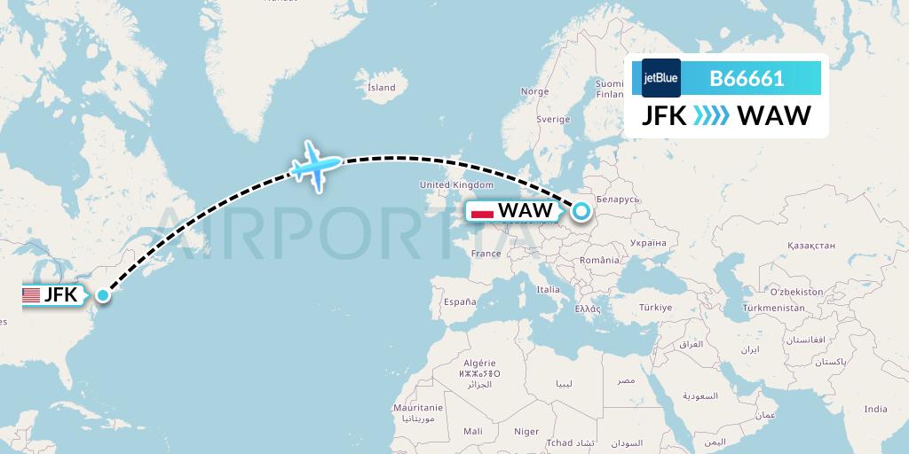 B66661 JetBlue Airways Flight Map: New York to Warsaw