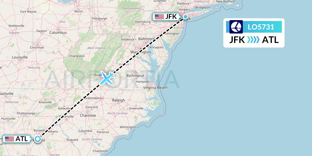 LO5731 LOT Flight Map: New York to Atlanta