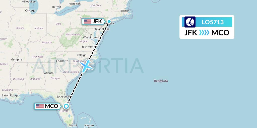 LO5713 LOT Flight Map: New York to Orlando