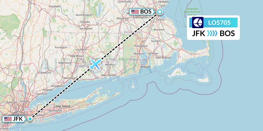 LO5705 LOT Flight Map: New York to Boston