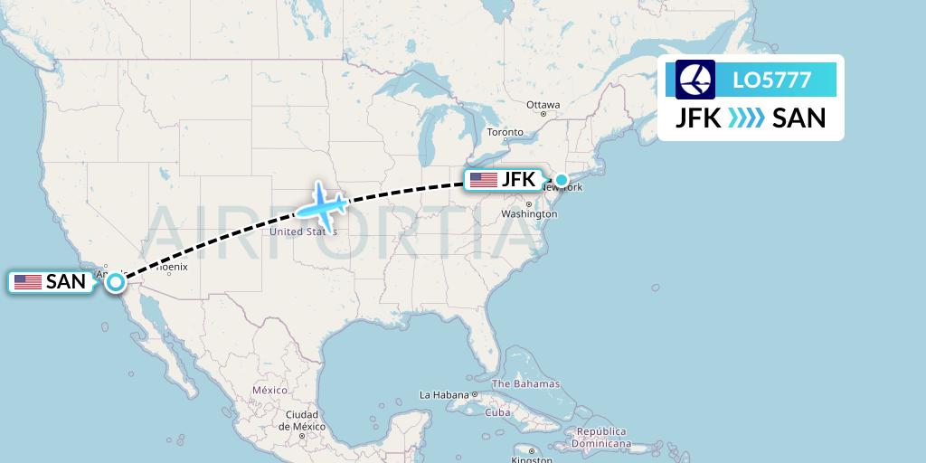 LO5777 LOT Flight Map: New York to San Diego