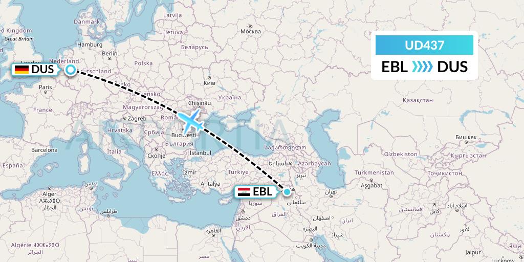 UD437 UR Airlines Flight Map: Arbil to Dusseldorf