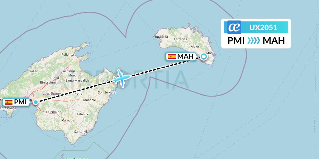 UX2051 Air Europa Flight Map: Palma de Mallorca to Mahon