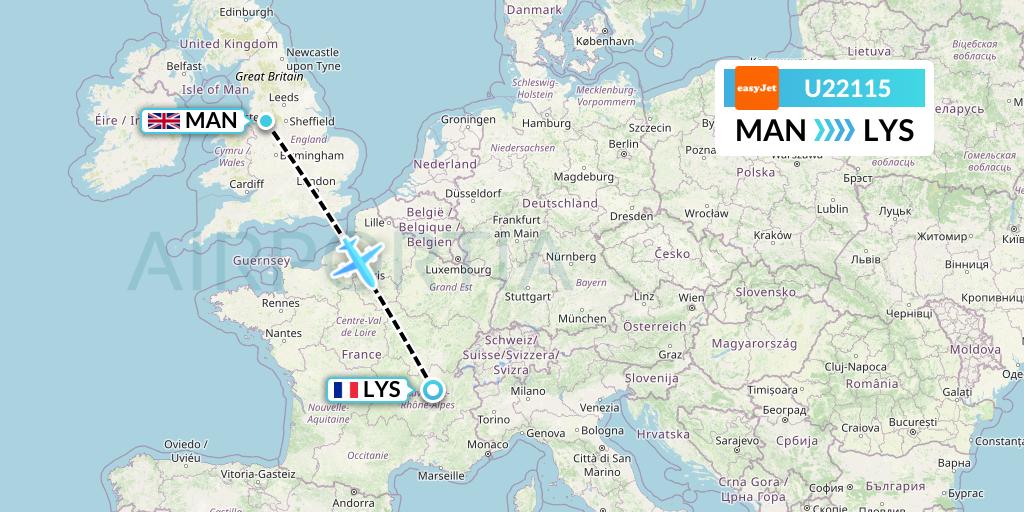 U22115 EasyJet Flight Map: Manchester to Lyon