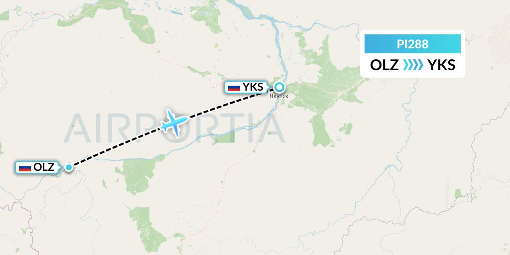 PI288 Polar Airlines Flight Map: Lensk to Yakutsk