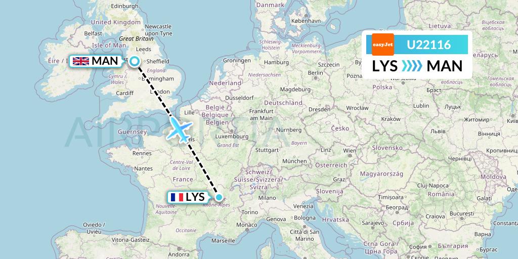 U22116 EasyJet Flight Map: Lyon to Manchester
