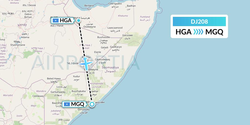 DJ208 Air Djibouti Flight Map: Hargeisa to Mogadishu