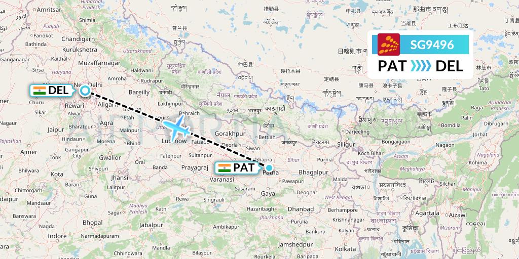 SG9496 SpiceJet Flight Map: Patna to Delhi