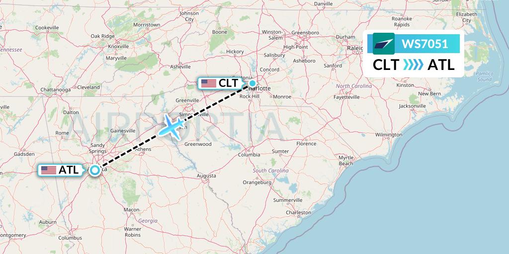 WS7051 WestJet Flight Map: Charlotte to Atlanta