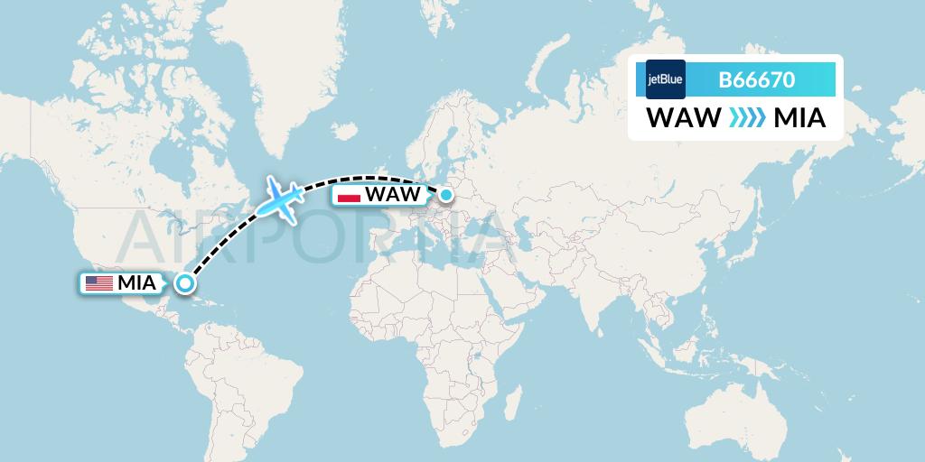 B66670 JetBlue Airways Flight Map: Warsaw to Miami