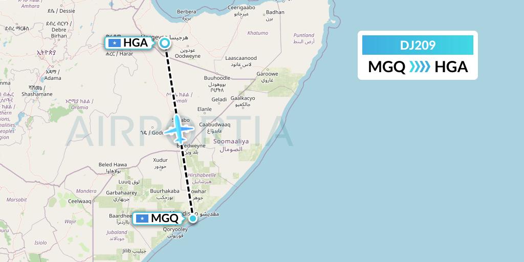 DJ209 Air Djibouti Flight Map: Mogadishu to Hargeisa