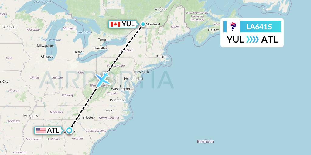 LA6415 LAN Airlines Flight Map: Montreal to Atlanta