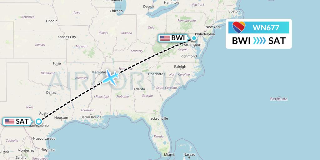 WN677 Southwest Airlines Flight Map: Baltimore to San Antonio