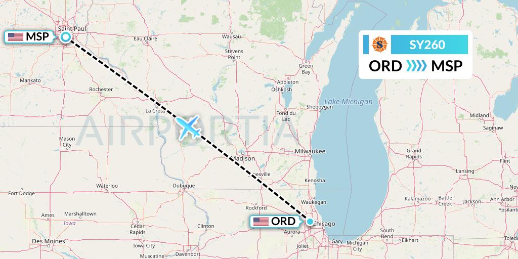 SY260 Sun Country Airlines Flight Map: Chicago to Minneapolis