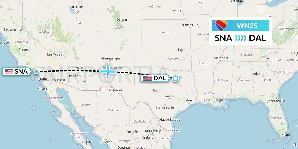WN25 Southwest Airlines Flight Map: Orange County to Dallas