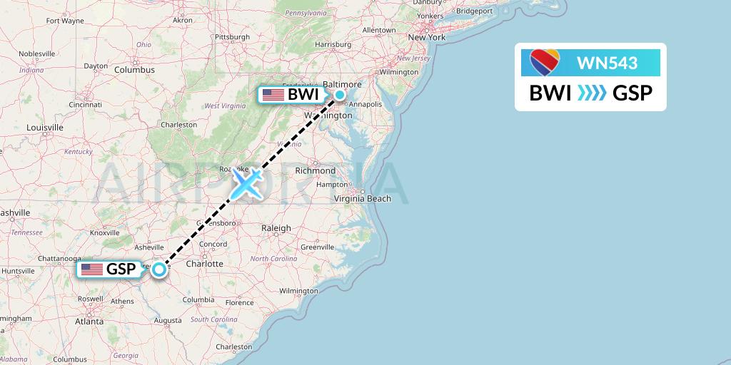WN543 Southwest Airlines Flight Map: Baltimore to Greenville-Spartanburg