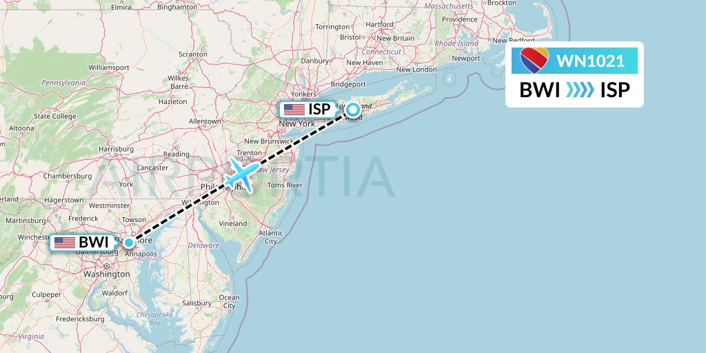 WN1021 Southwest Airlines Flight Map: Baltimore to Islip