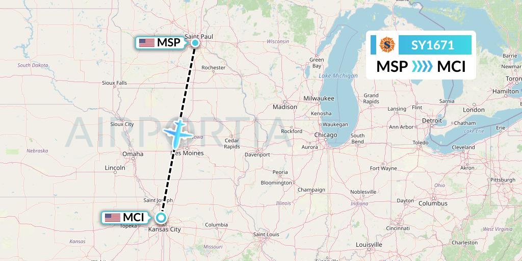 SY1671 Sun Country Airlines Flight Map: Minneapolis to Kansas City