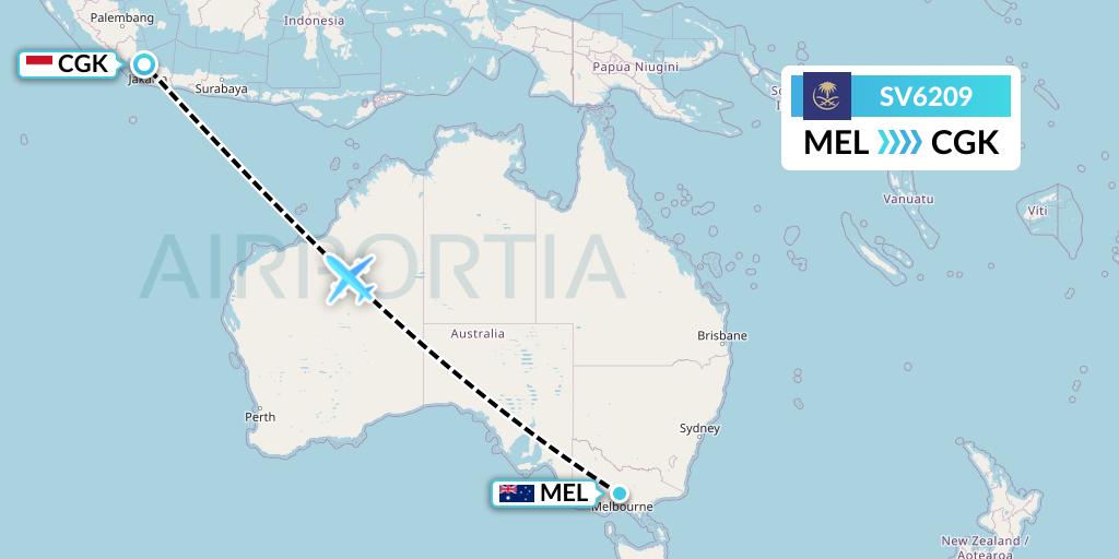 SV6209 Saudi Arabian Airlines Flight Map: Melbourne to Jakarta