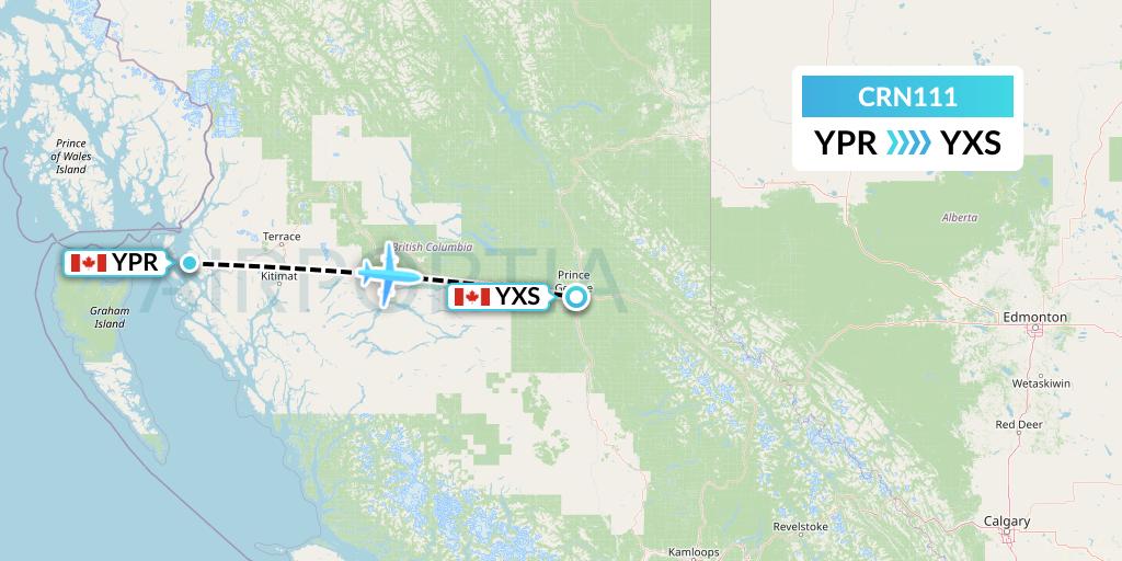 CRN111 Aerocaribbean Flight Map: Prince Rupert to Prince George