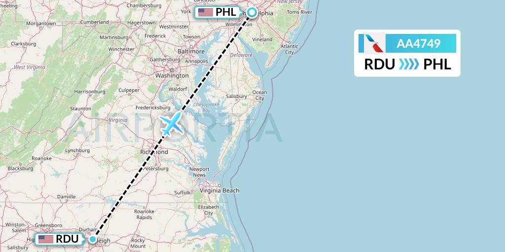 AA4749 American Airlines Flight Map: Raleigh-Durham to Philadelphia