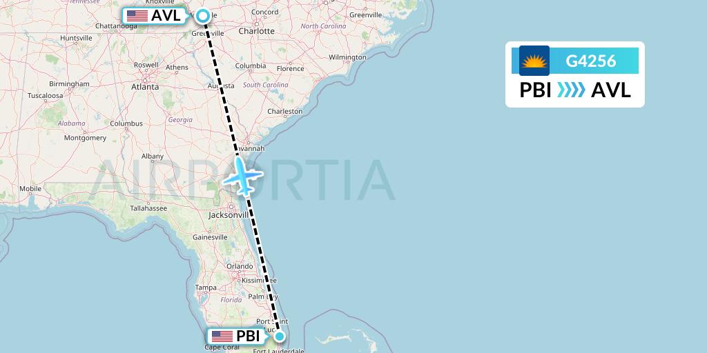 G4256 Allegiant Air Flight Map: West Palm Beach to Asheville