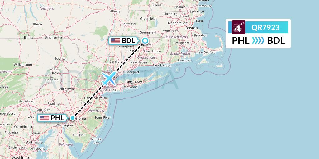 QR7923 Qatar Airways Flight Map: Philadelphia to Windsor Locks
