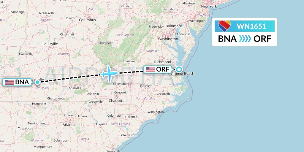 WN1651 Southwest Airlines Flight Map: Nashville to Norfolk