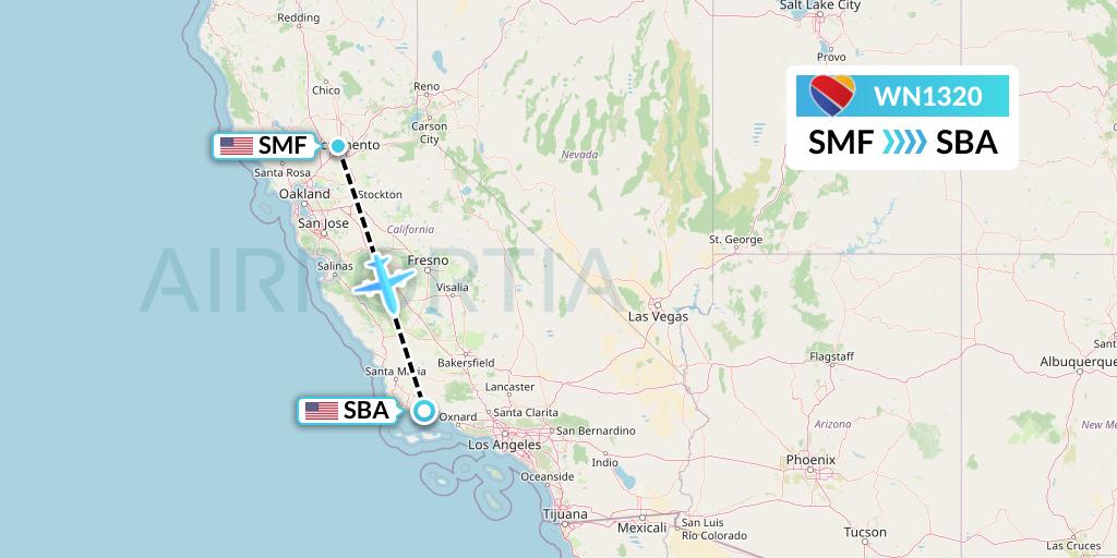 WN1320 Southwest Airlines Flight Map: Sacramento to Santa Barbara