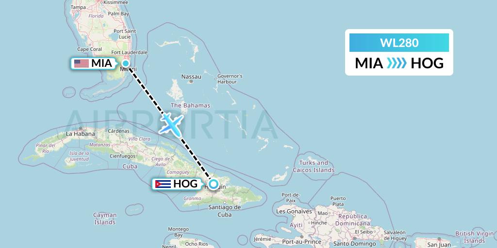 WL280 World Atlantic Airlines Flight Map: Miami to Holguin