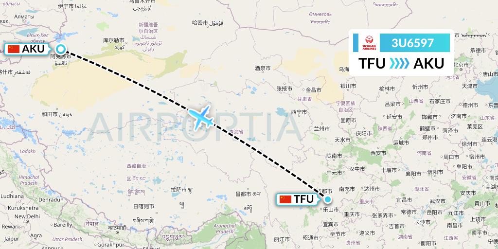 3U6597 Sichuan Airlines Flight Map: Chengdu to Aksu