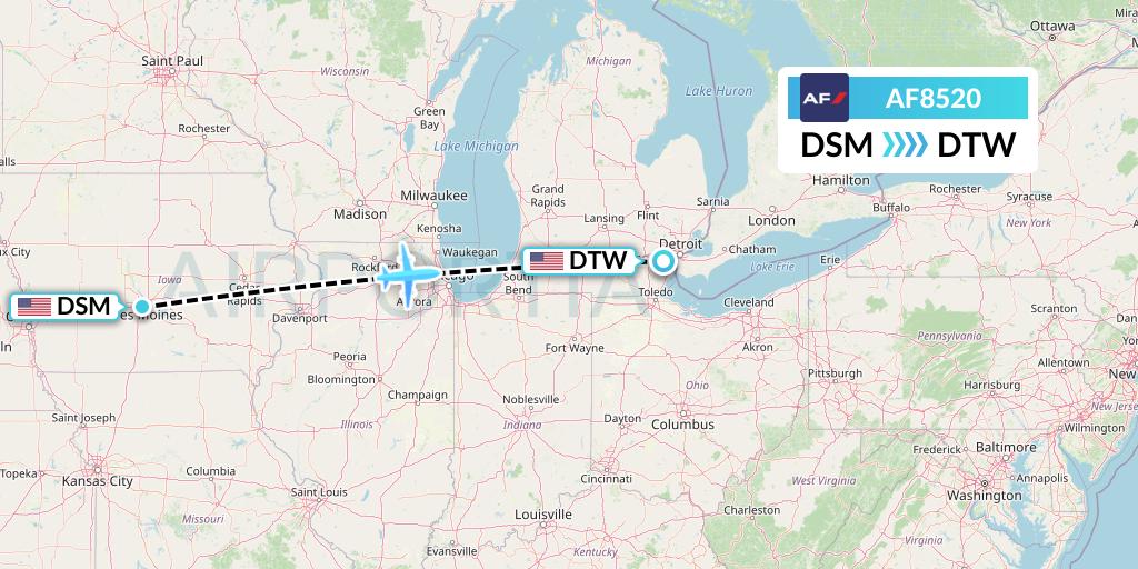 AF8520 Air France Flight Map: Des Moines to Detroit