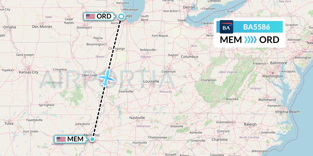 BA5586 British Airways Flight Map: Memphis to Chicago