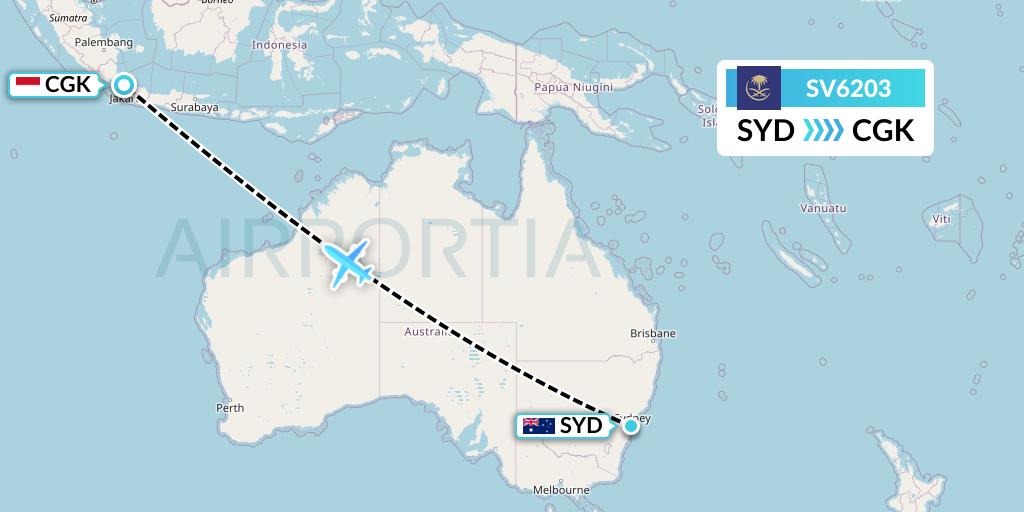 SV6203 Saudi Arabian Airlines Flight Map: Sydney to Jakarta
