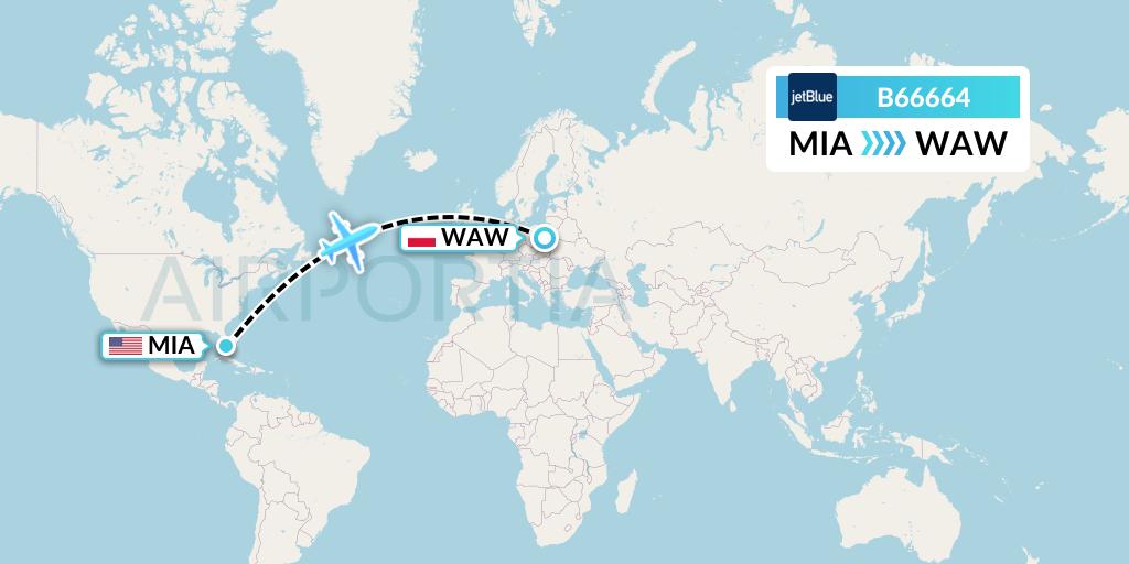 B66664 JetBlue Airways Flight Map: Miami to Warsaw