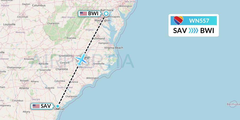 WN557 Southwest Airlines Flight Map: Savannah to Baltimore