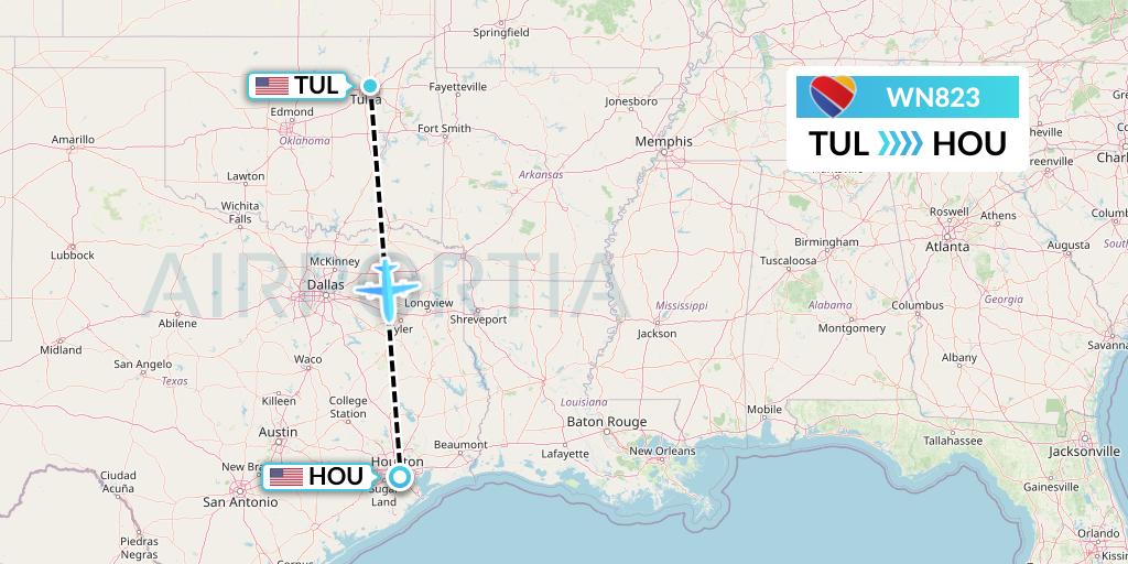 WN823 Southwest Airlines Flight Map: Tulsa to Houston