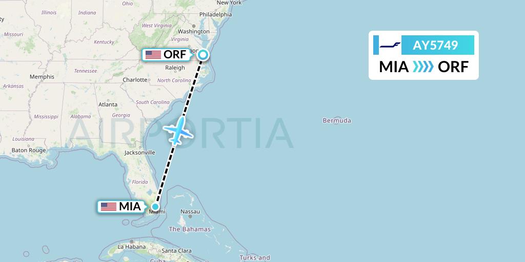 AY5749 Finnair Flight Map: Miami to Norfolk
