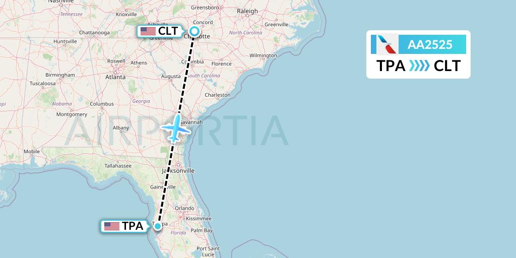 AA2525 American Airlines Flight Map: Tampa to Charlotte