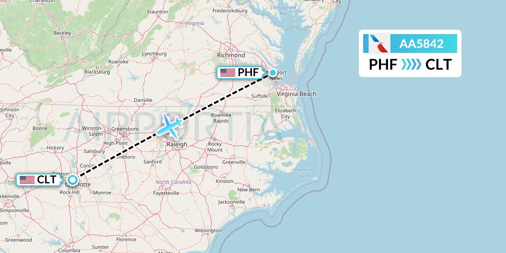 AA5842 American Airlines Flight Map: Newport News to Charlotte