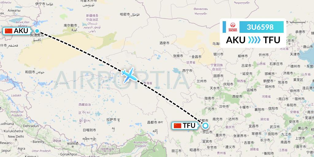 3U6598 Sichuan Airlines Flight Map: Aksu to Chengdu