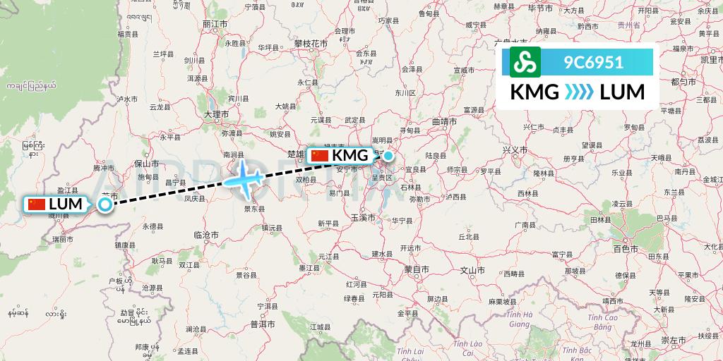 9C6951 Spring Airlines Flight Map: Kunming to Mangshi