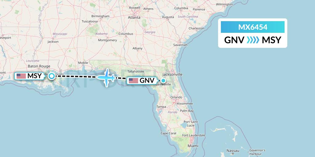 MX6454 Breeze Airways Flight Map: Gainesville to New Orleans