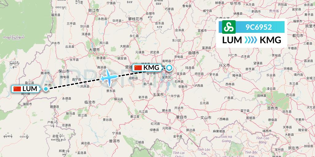 9C6952 Spring Airlines Flight Map: Mangshi to Kunming