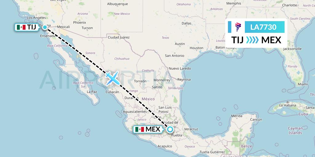 LA7730 LAN Airlines Flight Map: Tijuana to Mexico City