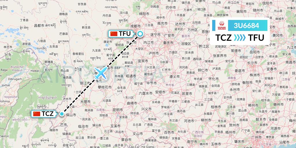 3U6684 Sichuan Airlines Flight Map: Tengchong to Chengdu